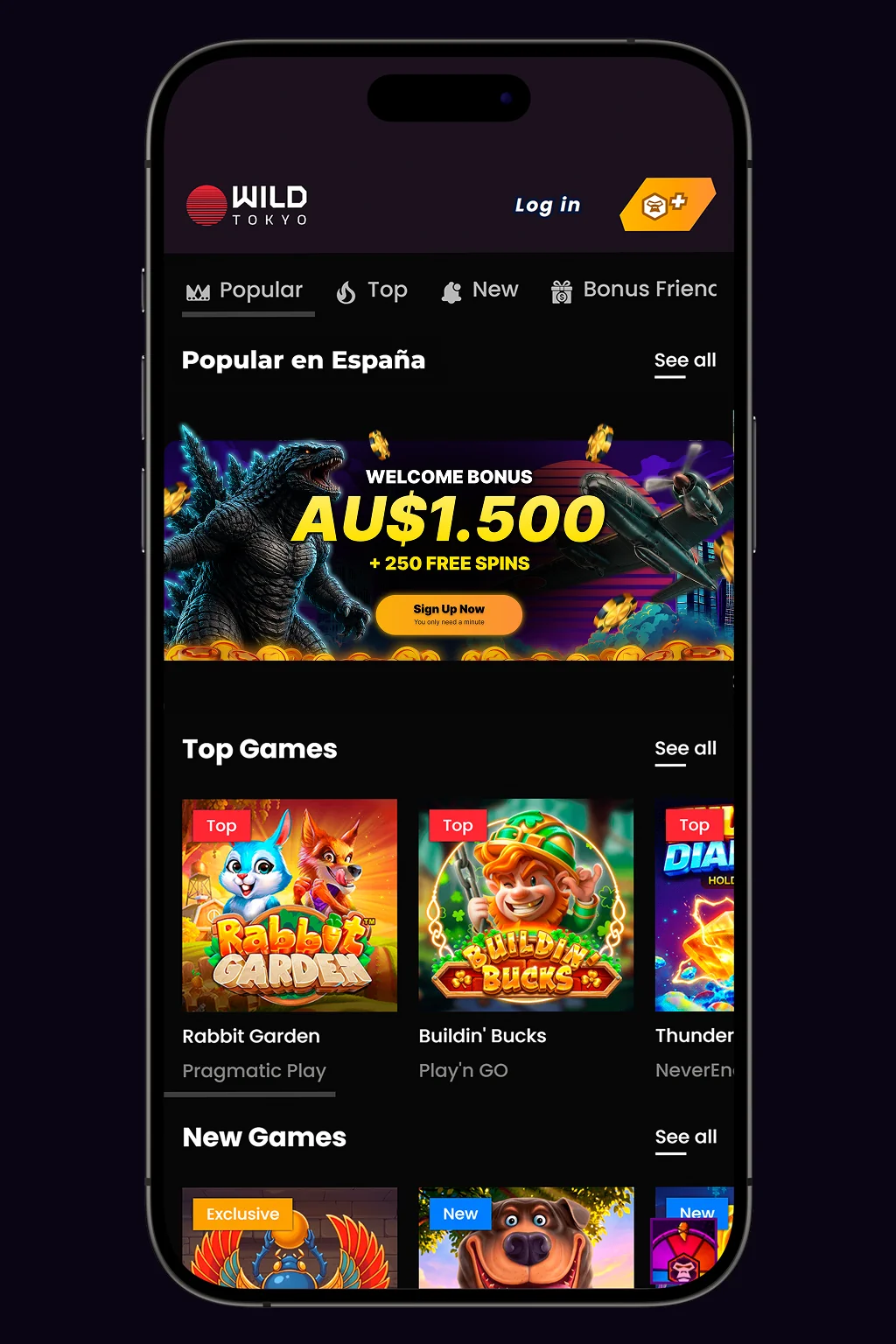 Wild Tokyo mobile casino app on smartphone